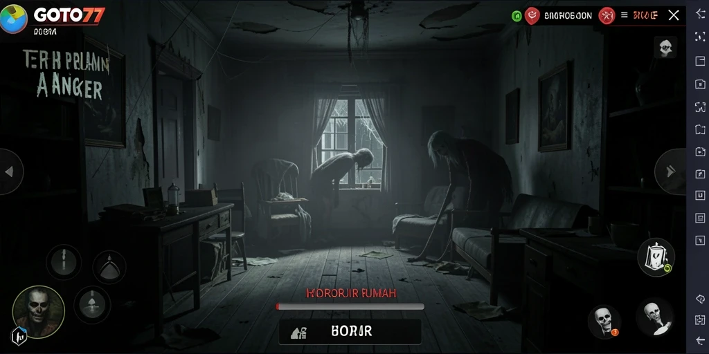 Screenshot GOTO77 menunjukkan suasana mencekam dalam rumah angker.